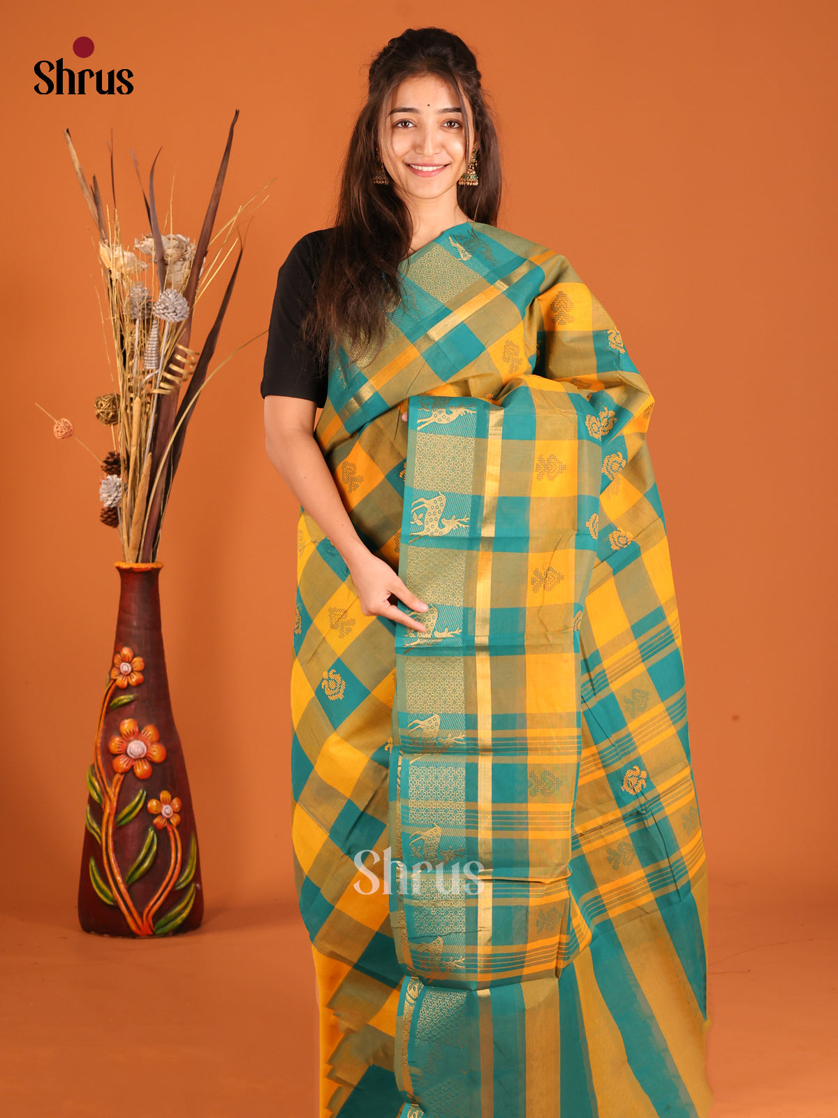 Mustard & Blue- Chettinad Cotton Saree