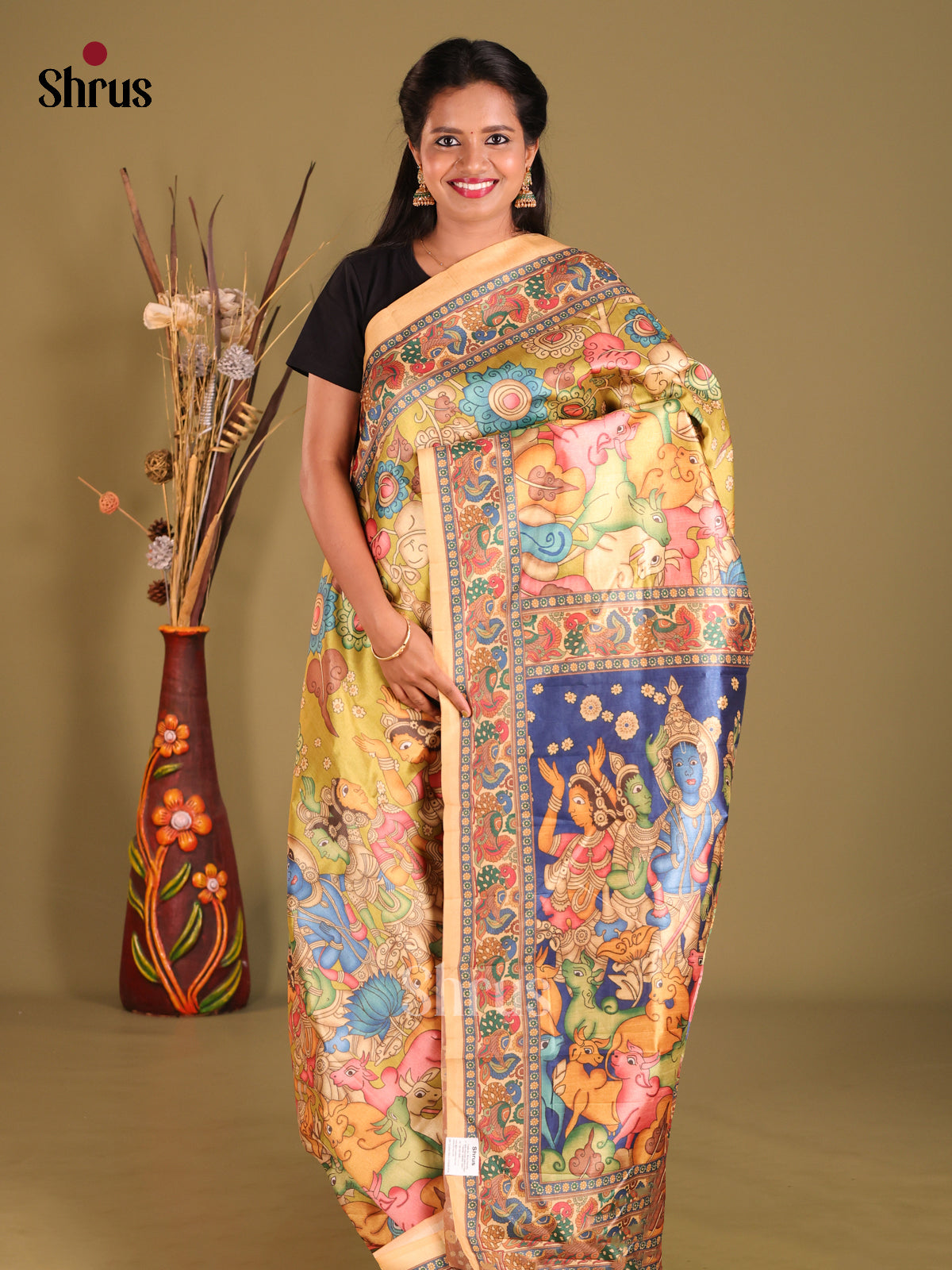 Lime Green & Brick - Semi Tussar Saree - Shop on Shrus.com