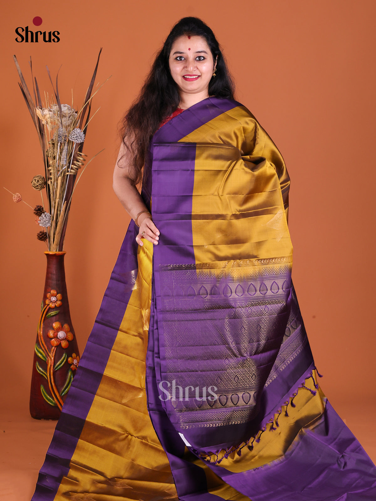 Mustard & Violet  Softsilk-halfpure Saree with contrast zari brocade pallu - Shop on Shrus.com