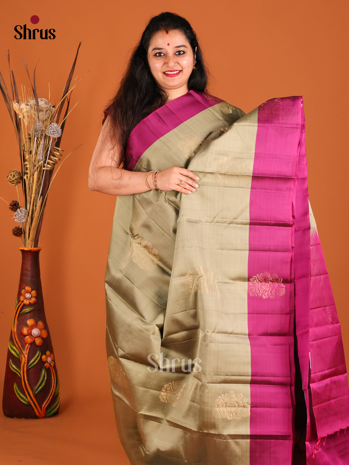 Grey & Purple  Softsilk-halfpure Saree gleams with gold zari floral motifs - Shop on Shrus.com