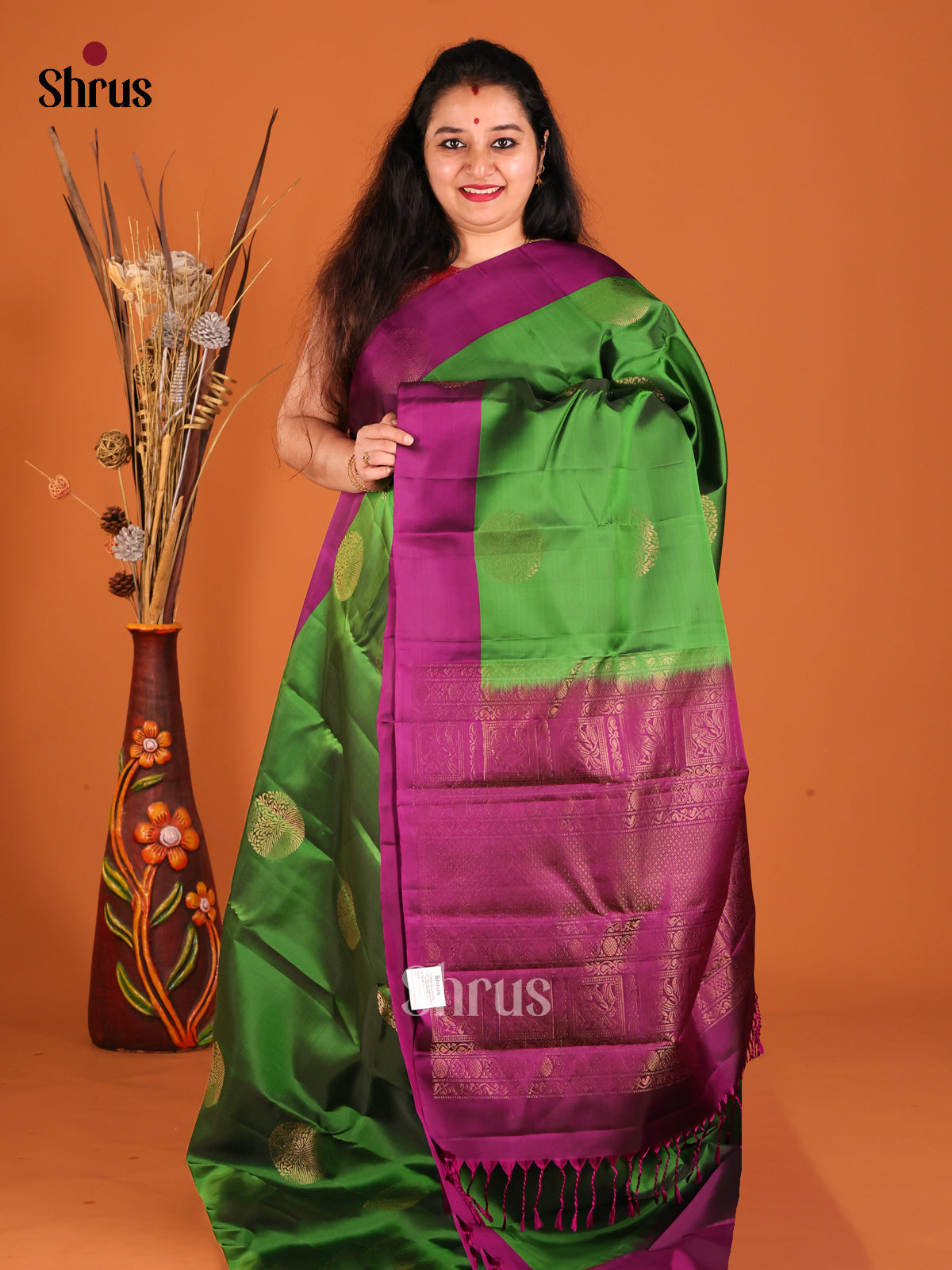 Green & Purple Softsilk-halfpure Saree with contrast zari brocade pallu - Shop on Shrus.com