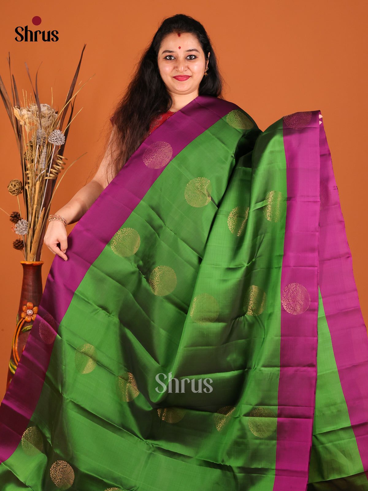 Green & Purple Softsilk-halfpure Saree with contrast zari brocade pallu - Shop on Shrus.com