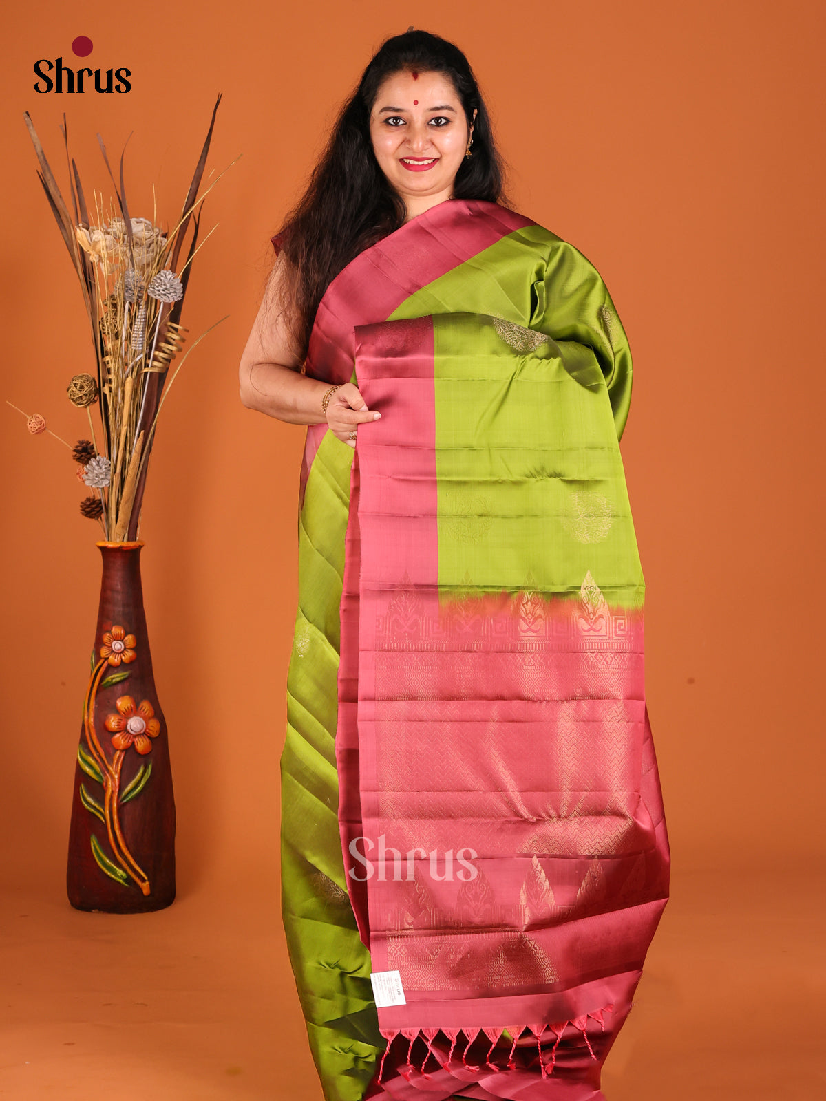 Green & maroon Softsilk-halfpure Saree with gold zari floral motifs - Shop on Shrus.com