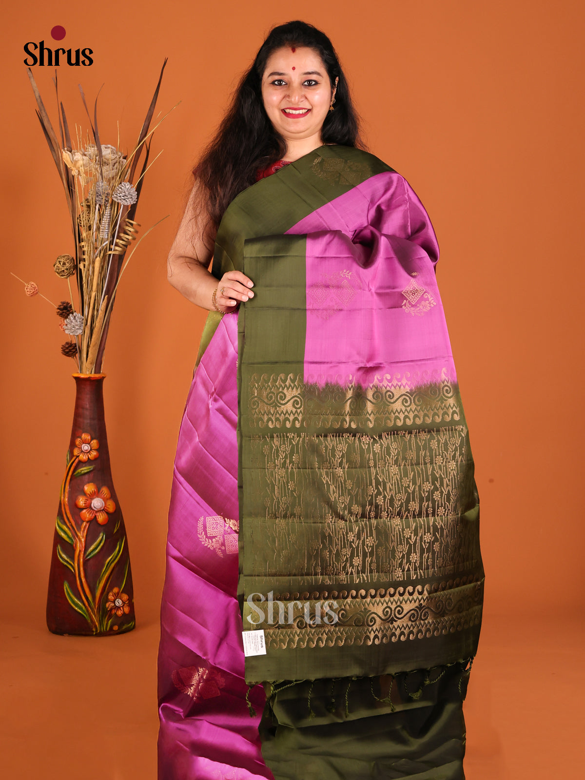 Majenta & Green Softsilk-halfpure Saree with zari floral motifs - Shop on Shrus.com