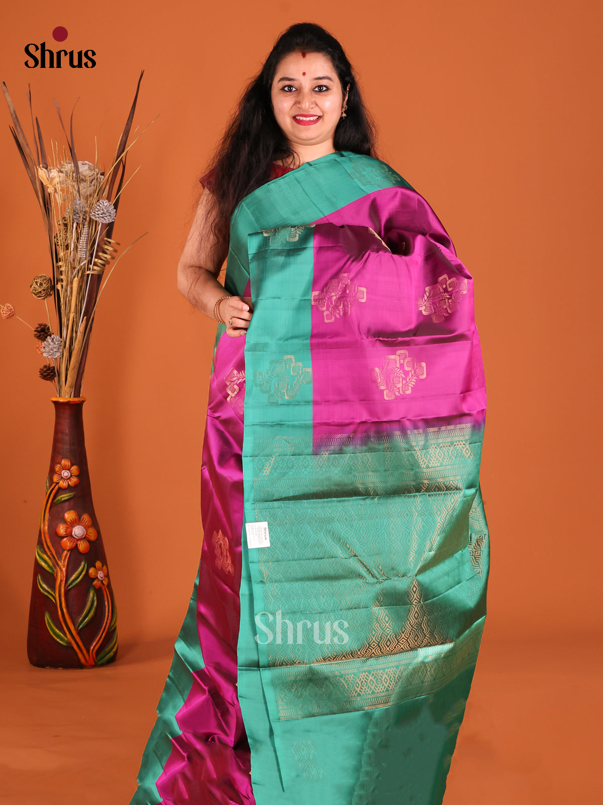 purple & Green Softsilk-halfpure Saree with zari motifs - Shop on Shrus.com