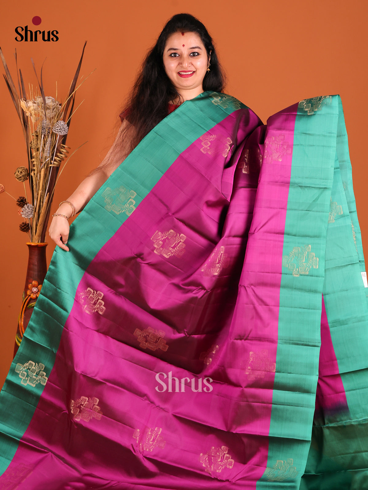 purple & Green Softsilk-halfpure Saree with zari motifs - Shop on Shrus.com