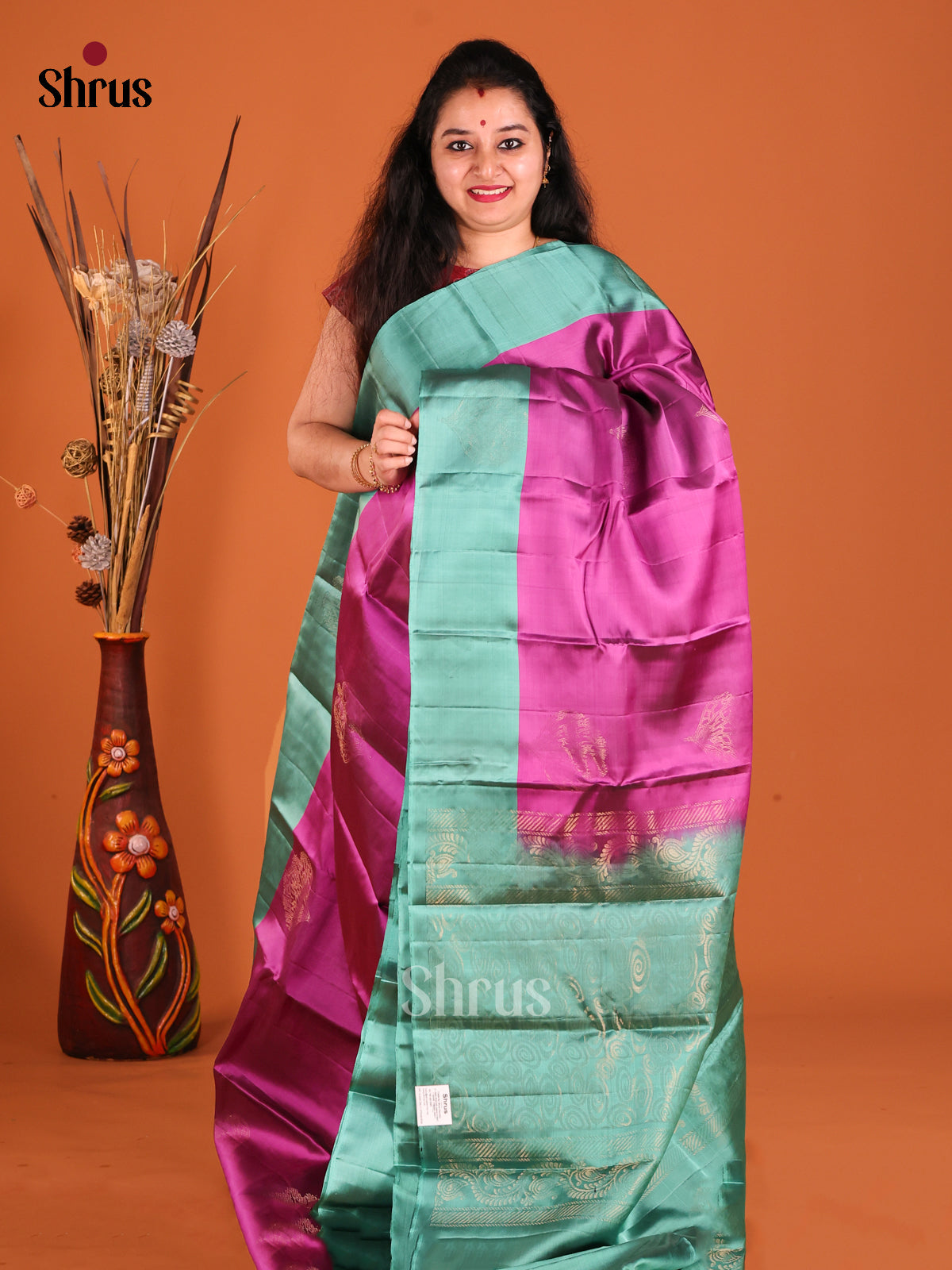 Purple & Green Softsilk-halfpure Saree with gold zari floral motifs - Shop on Shrus.com