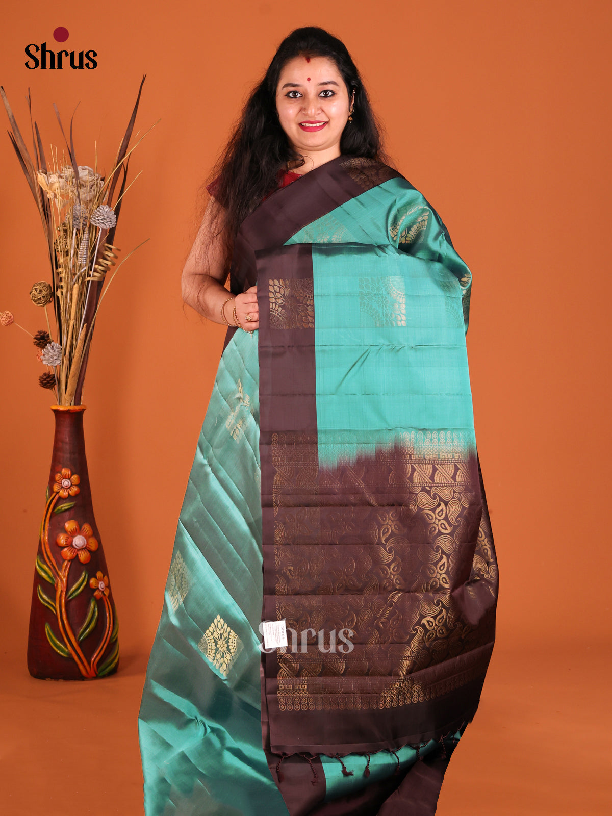 Green & Brown Softsilk-halfpure Saree  with zari floral block motifs - Shop on Shrus.com