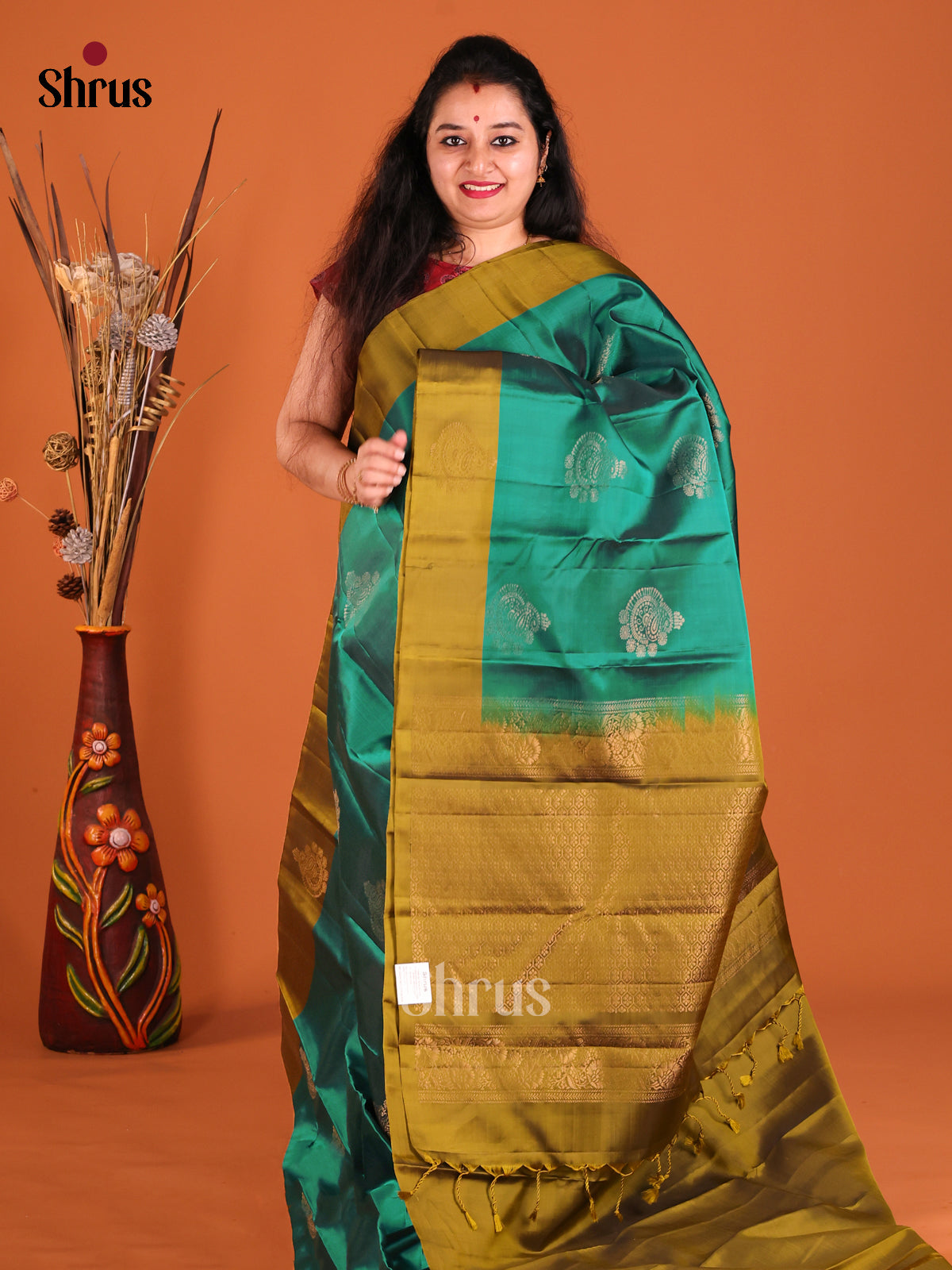 Green & Mehandi  Softsilk-halfpure Saree with zari floral motifs - Shop on Shrus.com