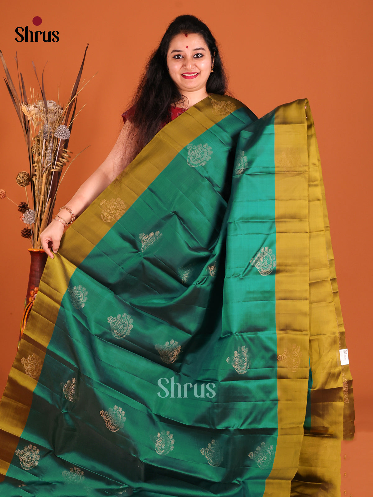 Green & Mehandi  Softsilk-halfpure Saree with zari floral motifs - Shop on Shrus.com