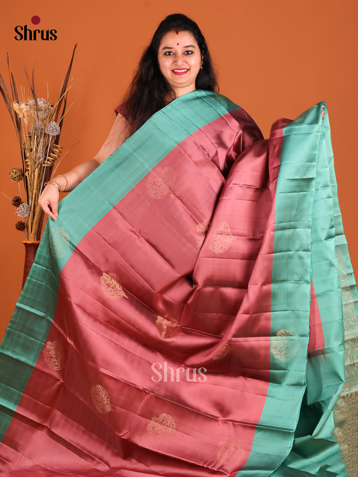 Onion Peel & Green Softsilk-halfpure Saree with gold zari motifs - Shop on Shrus.com