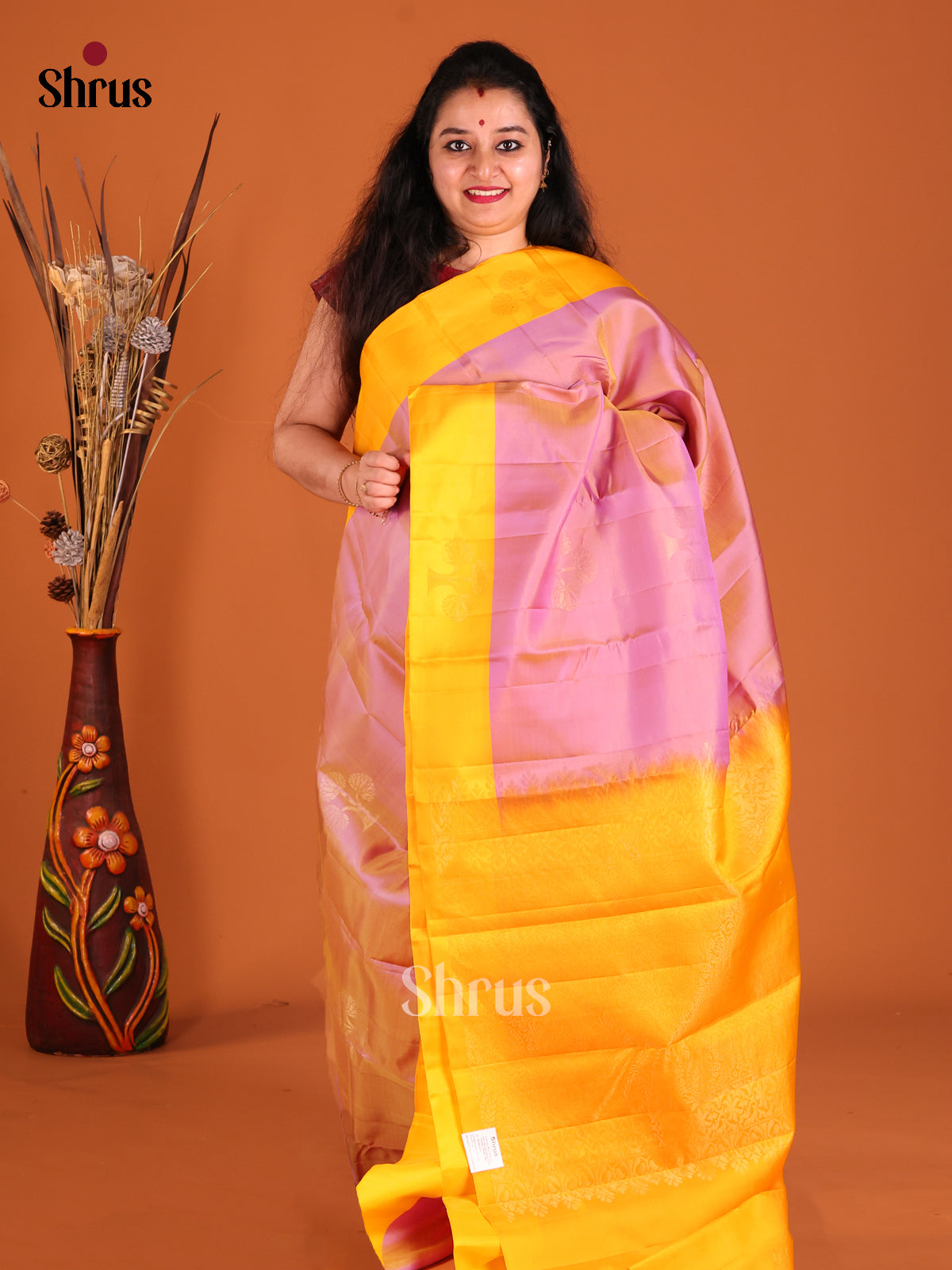 Lavender & Yellow Softsilk-halfpure Saree with zari brocade pallu - Shop on Shrus.com