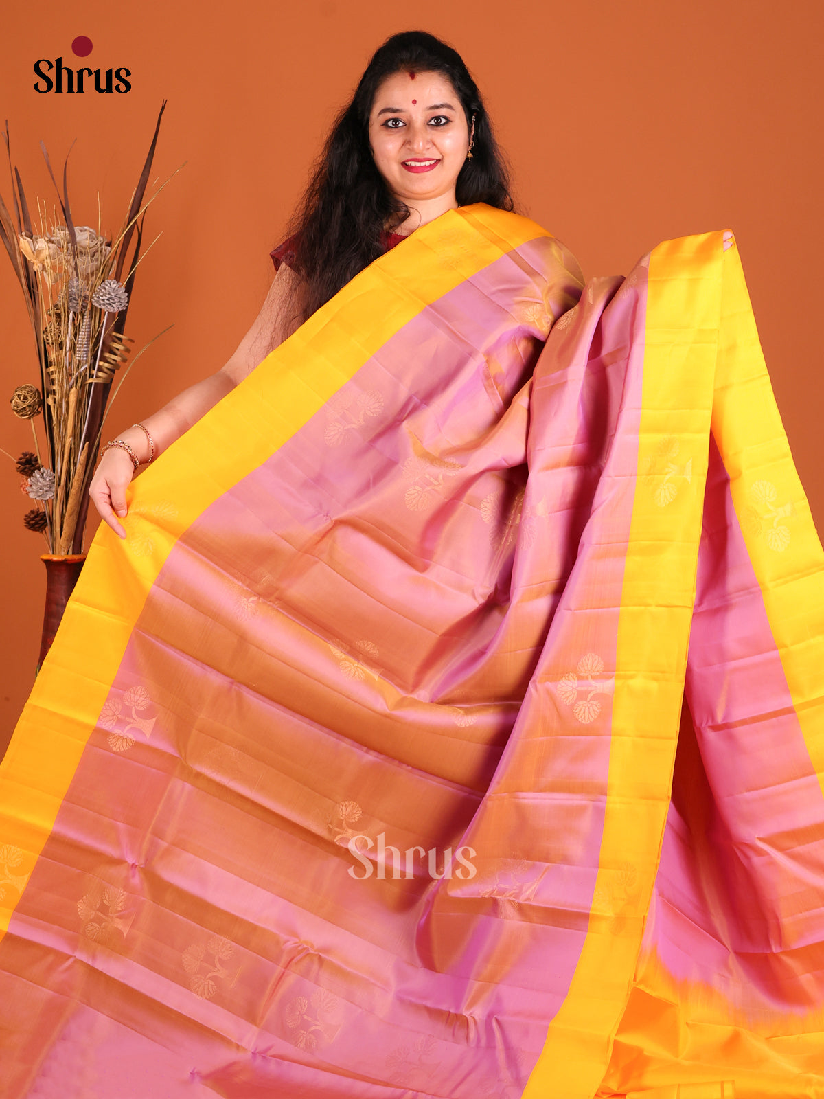 Lavender & Yellow Softsilk-halfpure Saree with zari brocade pallu - Shop on Shrus.com