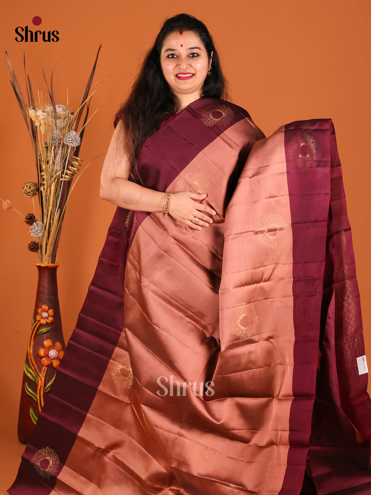 Brown & Maroon  Softsilk-halfpure Saree with zari  motifs