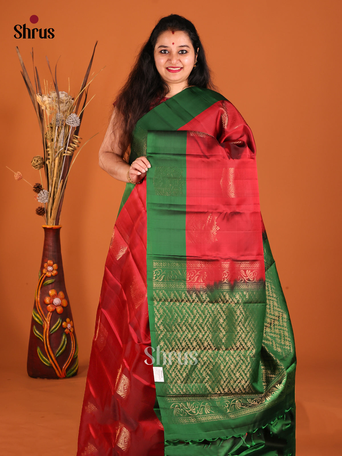 Red & Green  Softsilk-halfpure Saree with gold zari floral motifs - Shop on Shrus.com