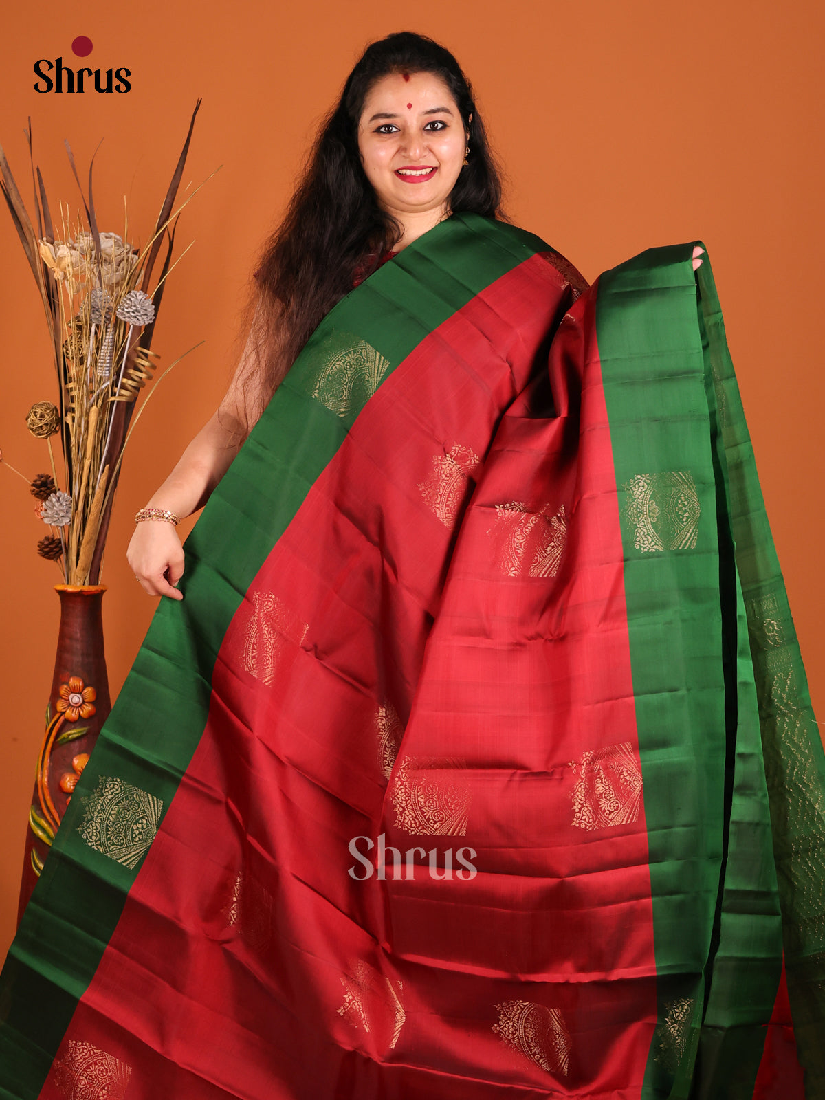 Red & Green  Softsilk-halfpure Saree with gold zari floral motifs - Shop on Shrus.com
