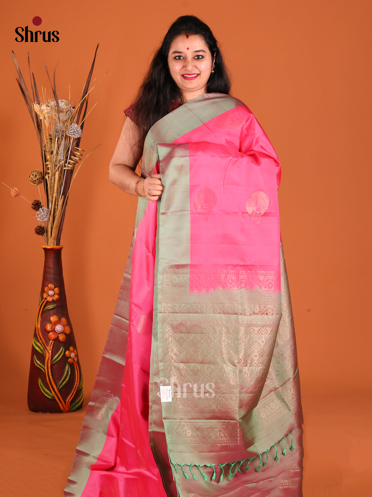 Pink & Greyish Green Softsilk-halfpure Saree with zari brocade pallu - Shop on Shrus.com