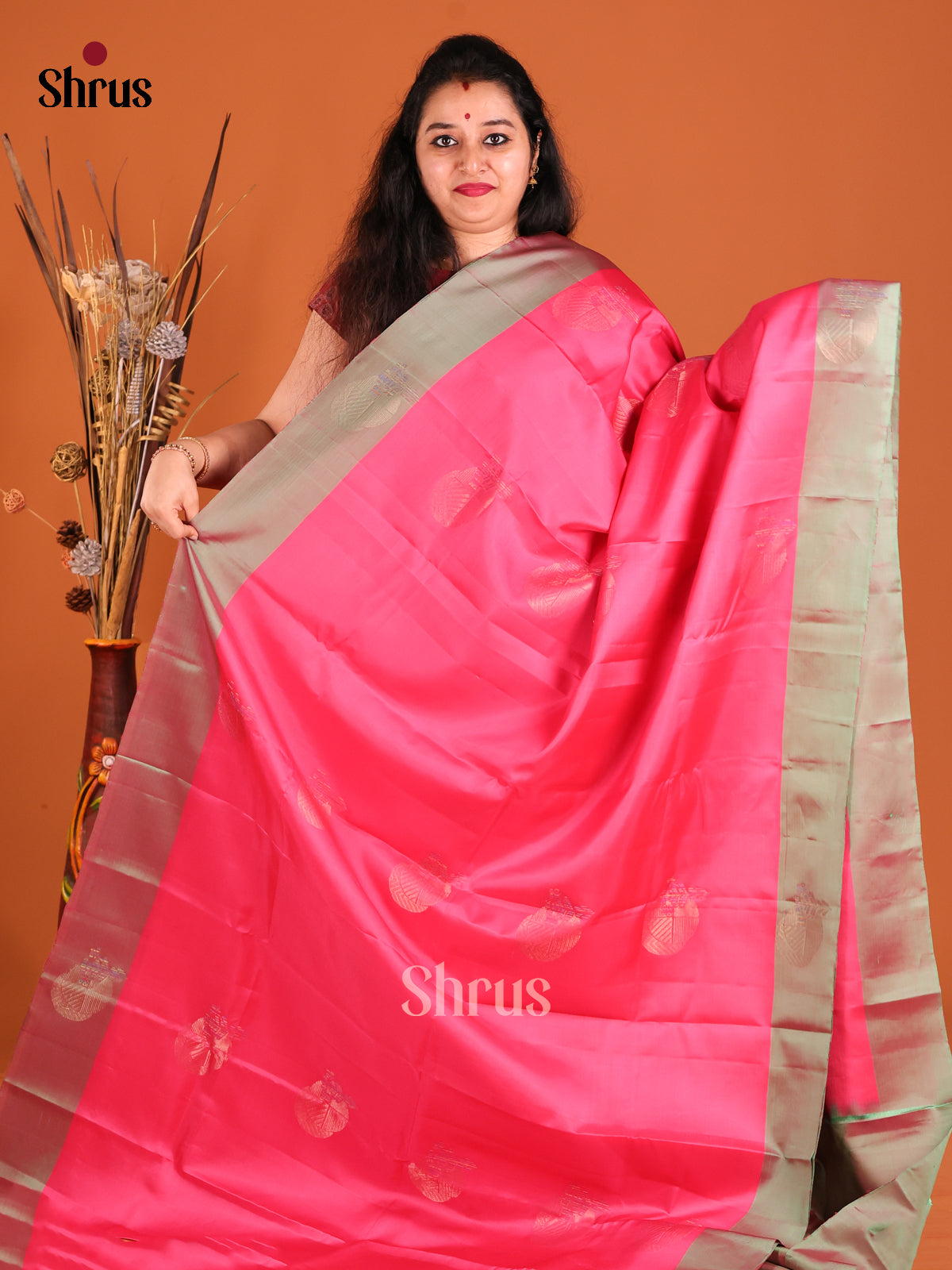 Pink & Greyish Green Softsilk-halfpure Saree with zari brocade pallu - Shop on Shrus.com