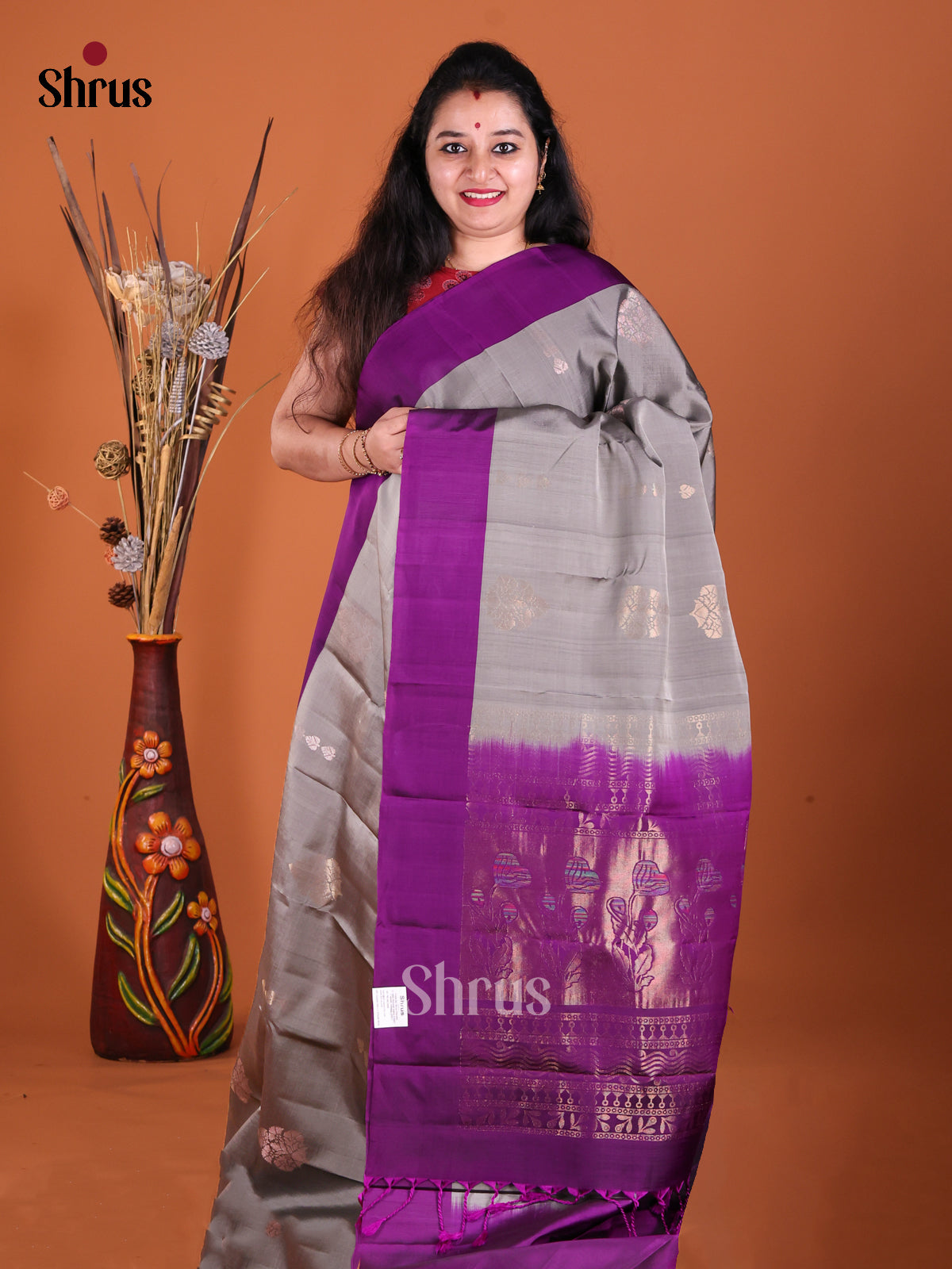 Grey & Violet  Softsilk-halfpure Saree with contrast brocade pallu - Shop on Shrus.com