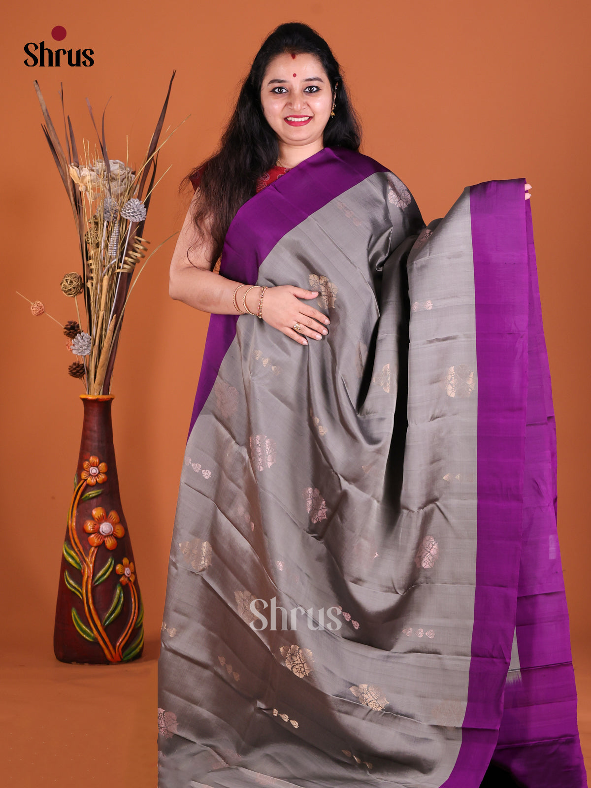 Grey & Violet  Softsilk-halfpure Saree with contrast brocade pallu - Shop on Shrus.com