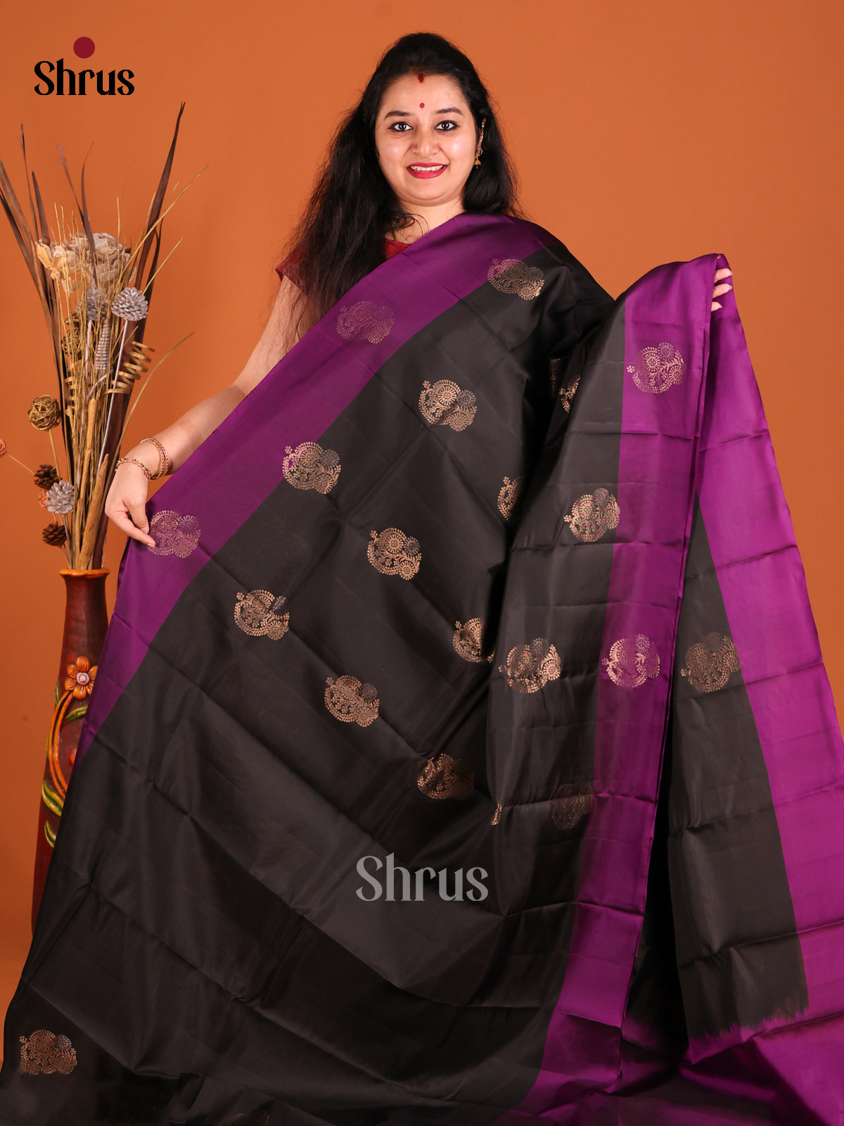 Black & Purple Softsilk-halfpure Saree with contrast zari brocade pallu