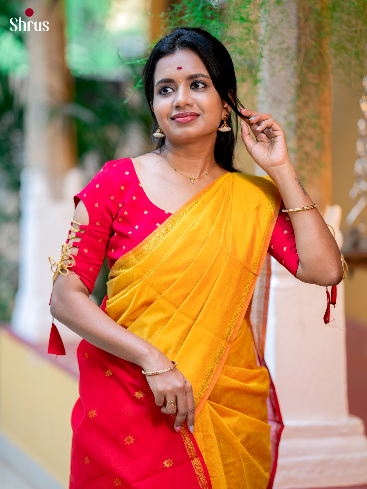 Yellow & red- Semi Maheshwari Saree