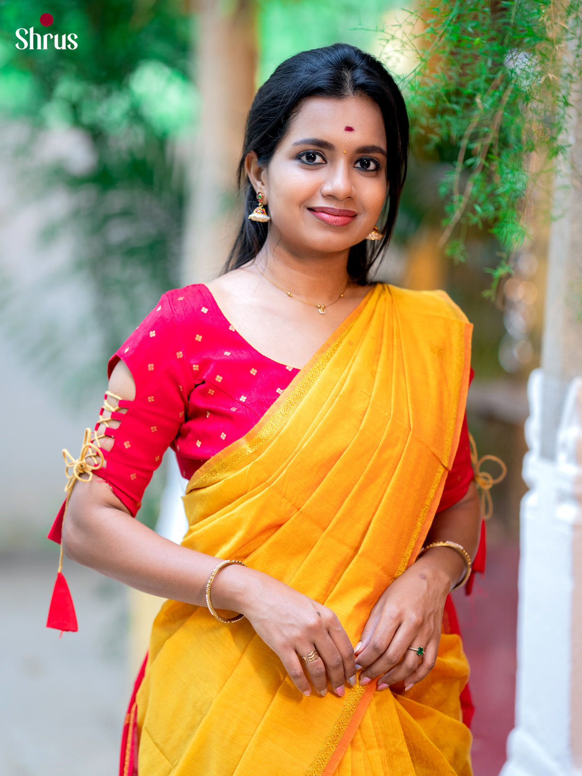 Yellow & red- Semi Maheshwari Saree