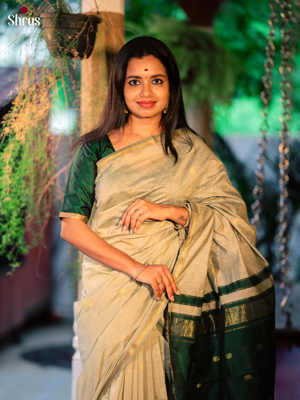 Grey & Green - Semi Maheshwari Saree