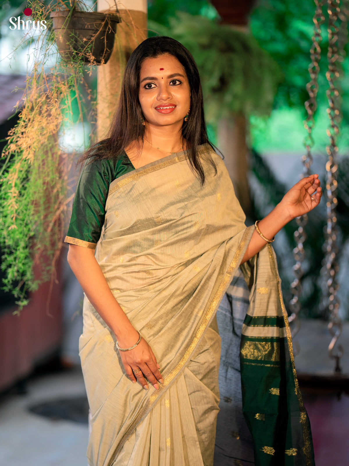 Grey & Green - Semi Maheshwari Saree