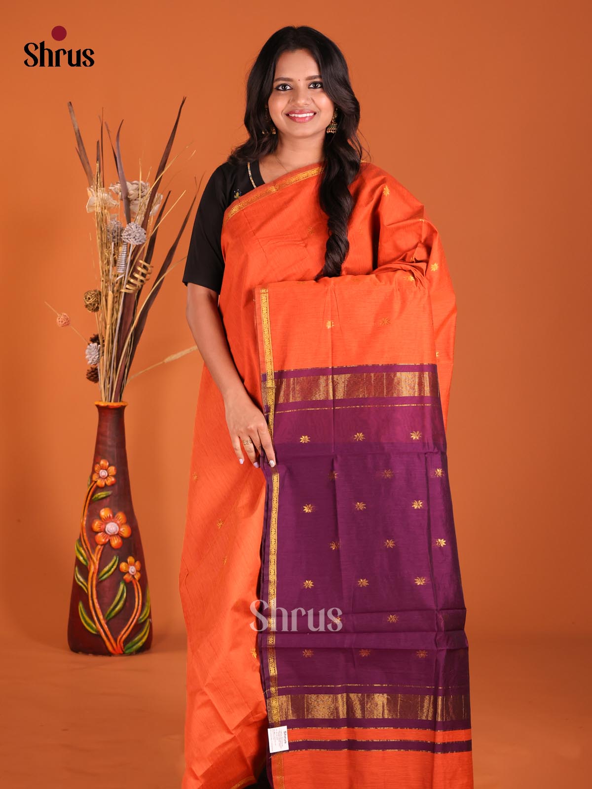 Orange & Purple - Semi Maheshwari Saree - Shop on Shrus.com