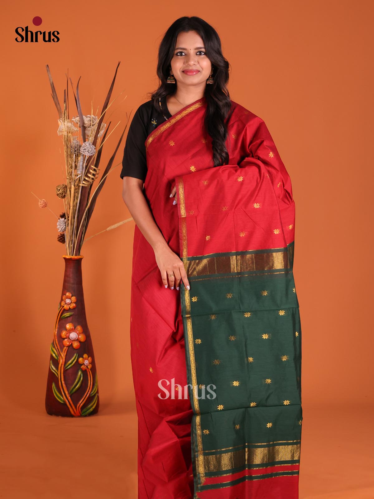 Red & Green- Semi Maheshwari Saree - Shop on Shrus.com