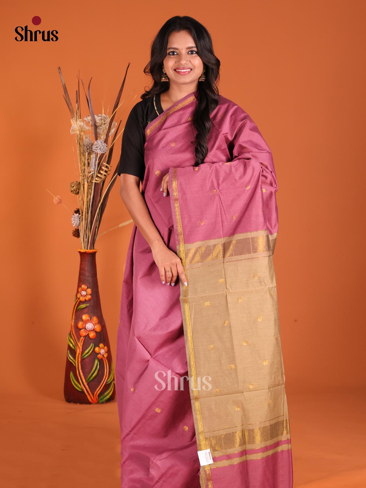 Purple & Beige - Semi Maheshwari Saree - Shop on Shrus.com