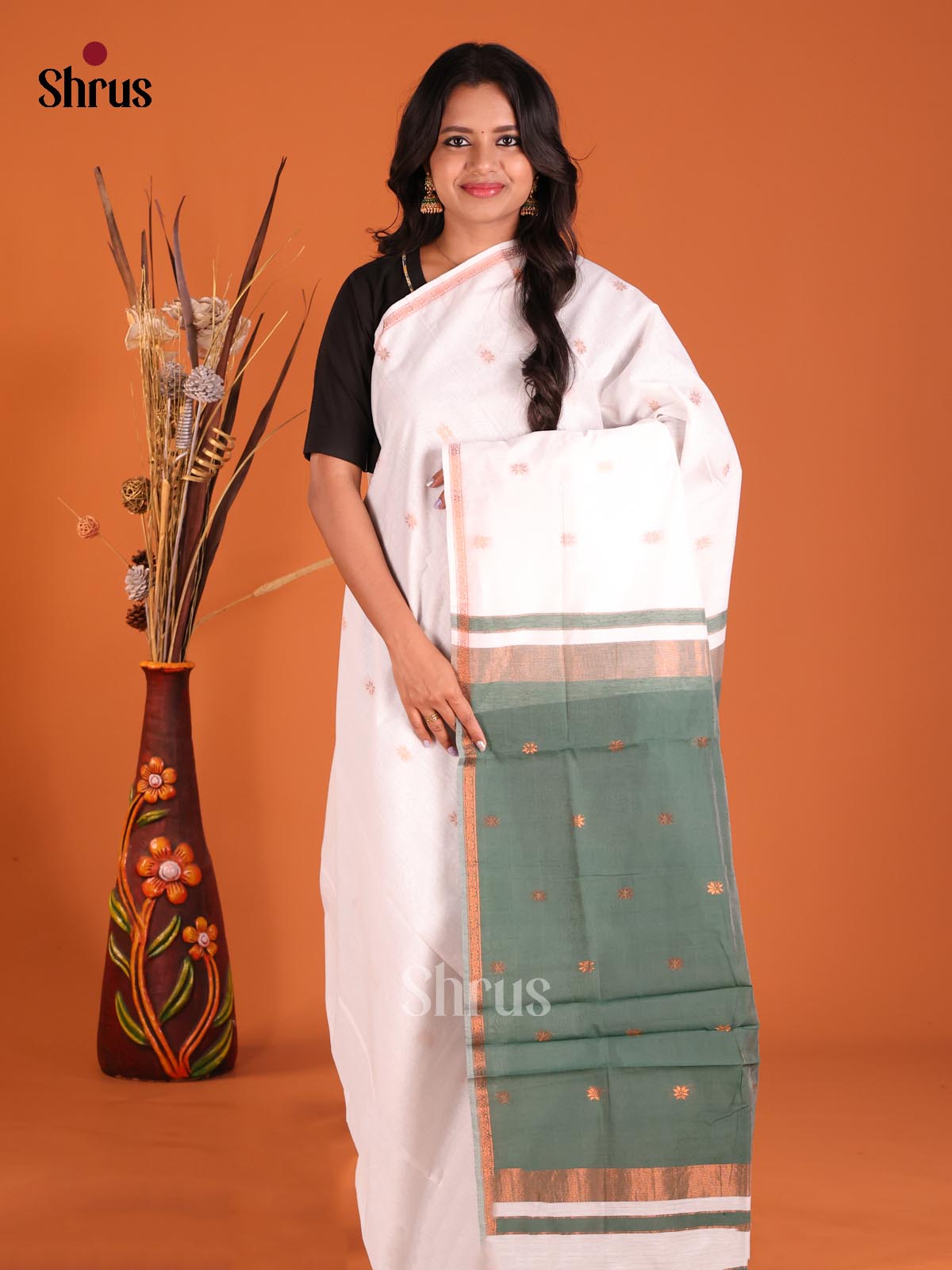 Cream  & Green - Semi Maheshwari Saree