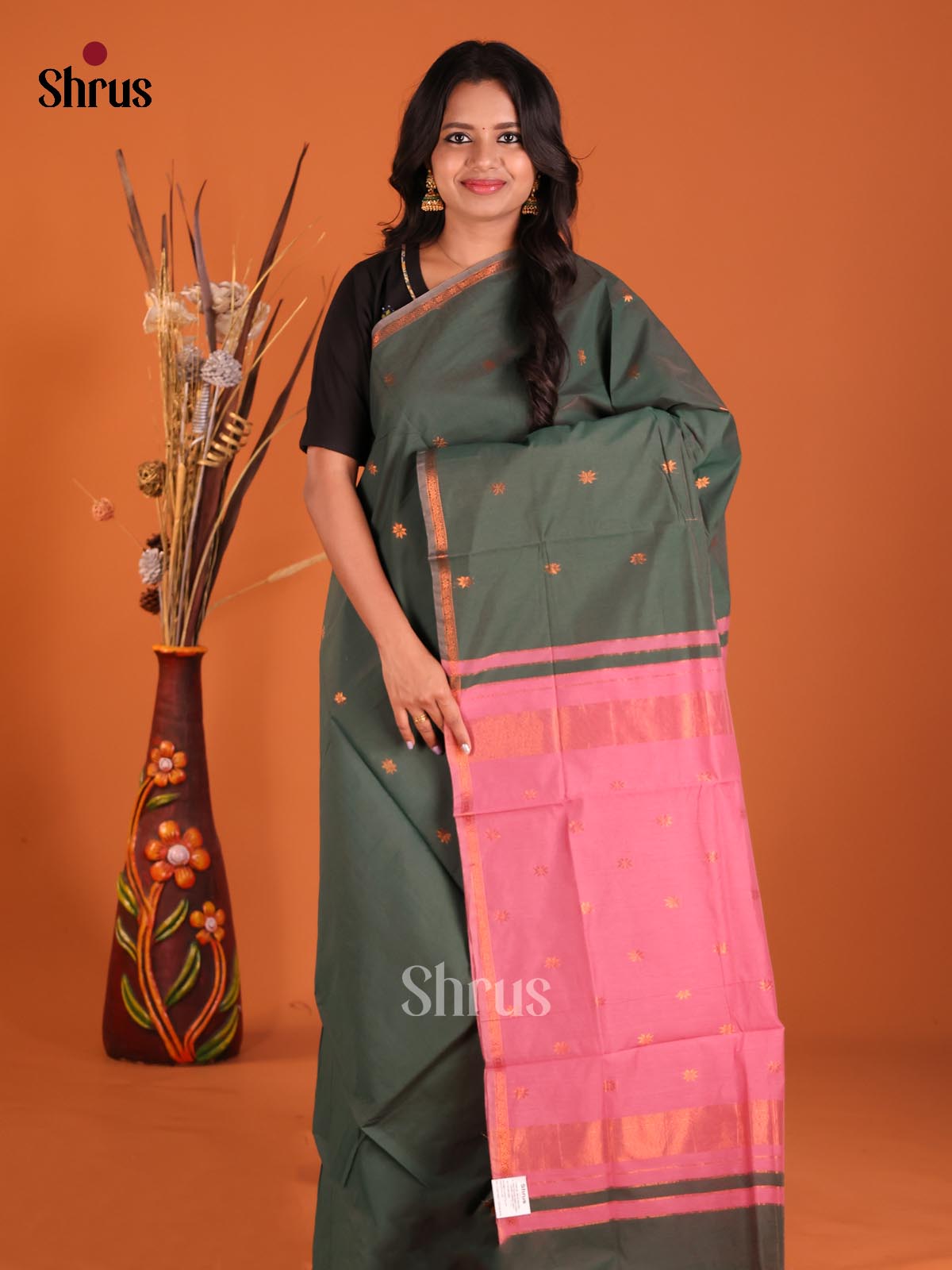 Green & Pink - Semi Maheshwari Saree - Shop on Shrus.com