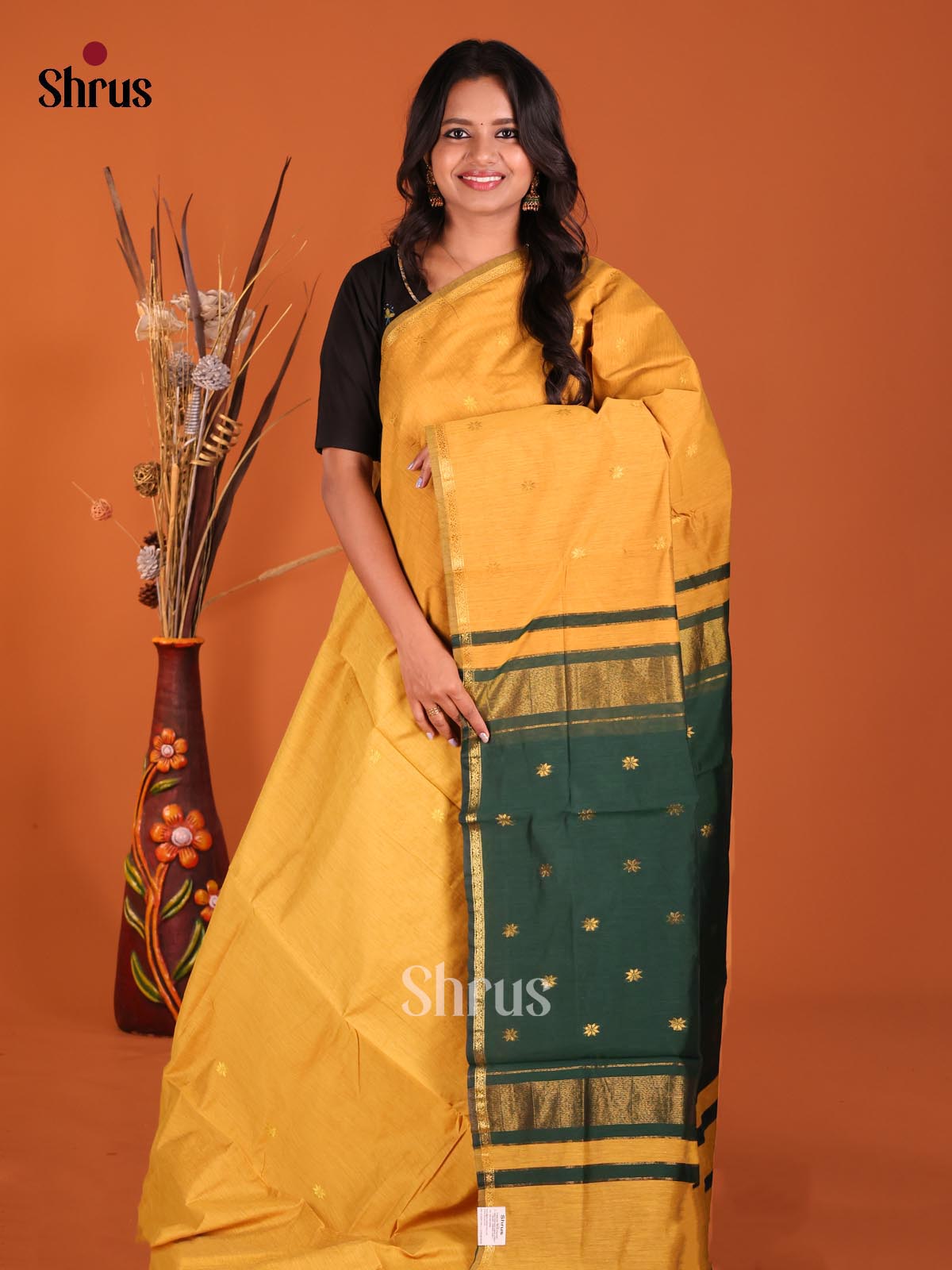 Mustard & Green - Semi Maheshwari Saree - Shop on Shrus.com