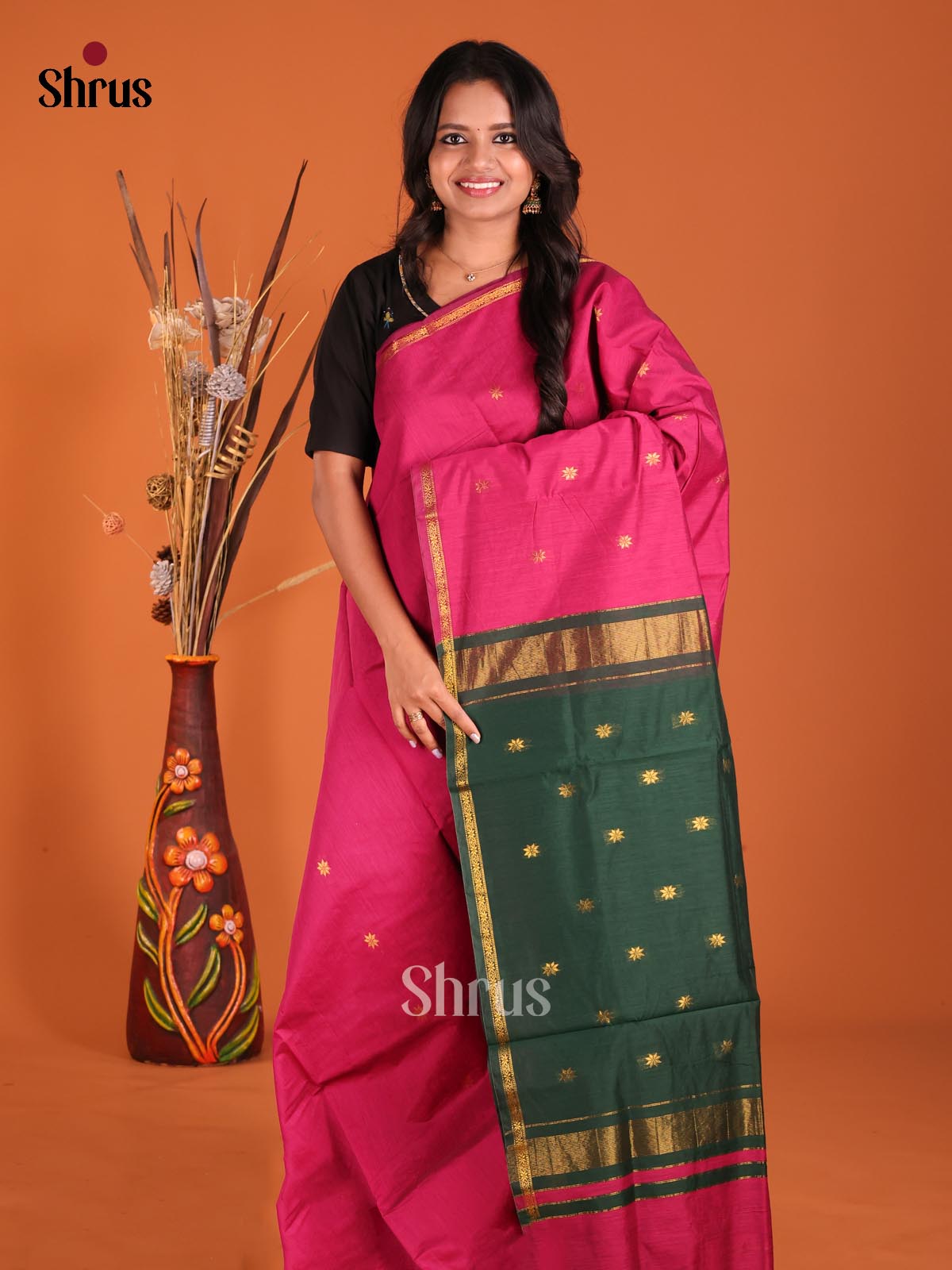 Pink & Green - Semi Maheshwari Saree - Shop on Shrus.com
