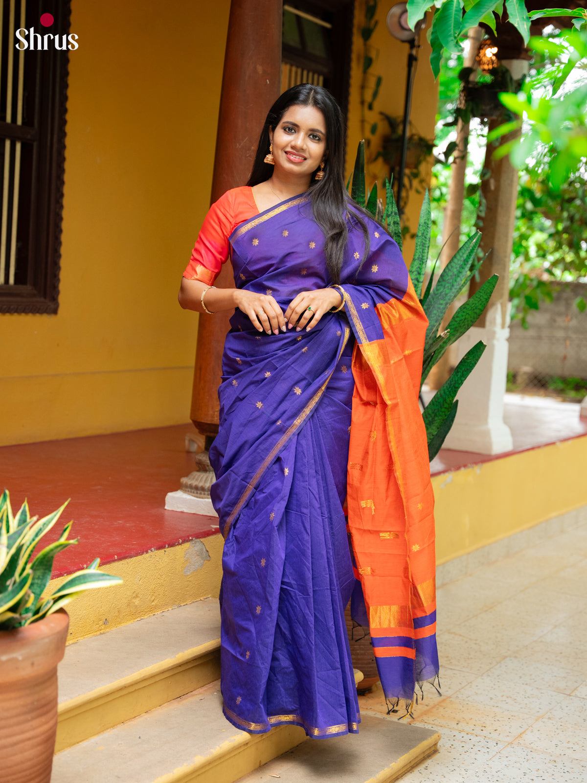 Violet & Orange- Semi Maheshwari Saree