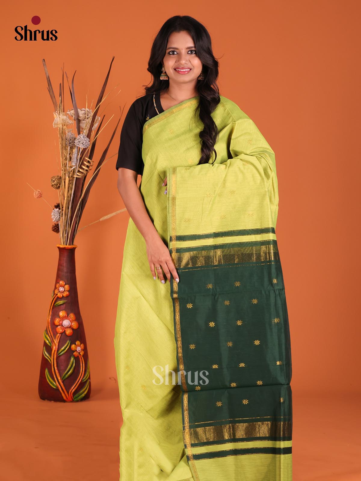 Light Green & Green- Semi Maheshwari Saree - Shop on Shrus.com