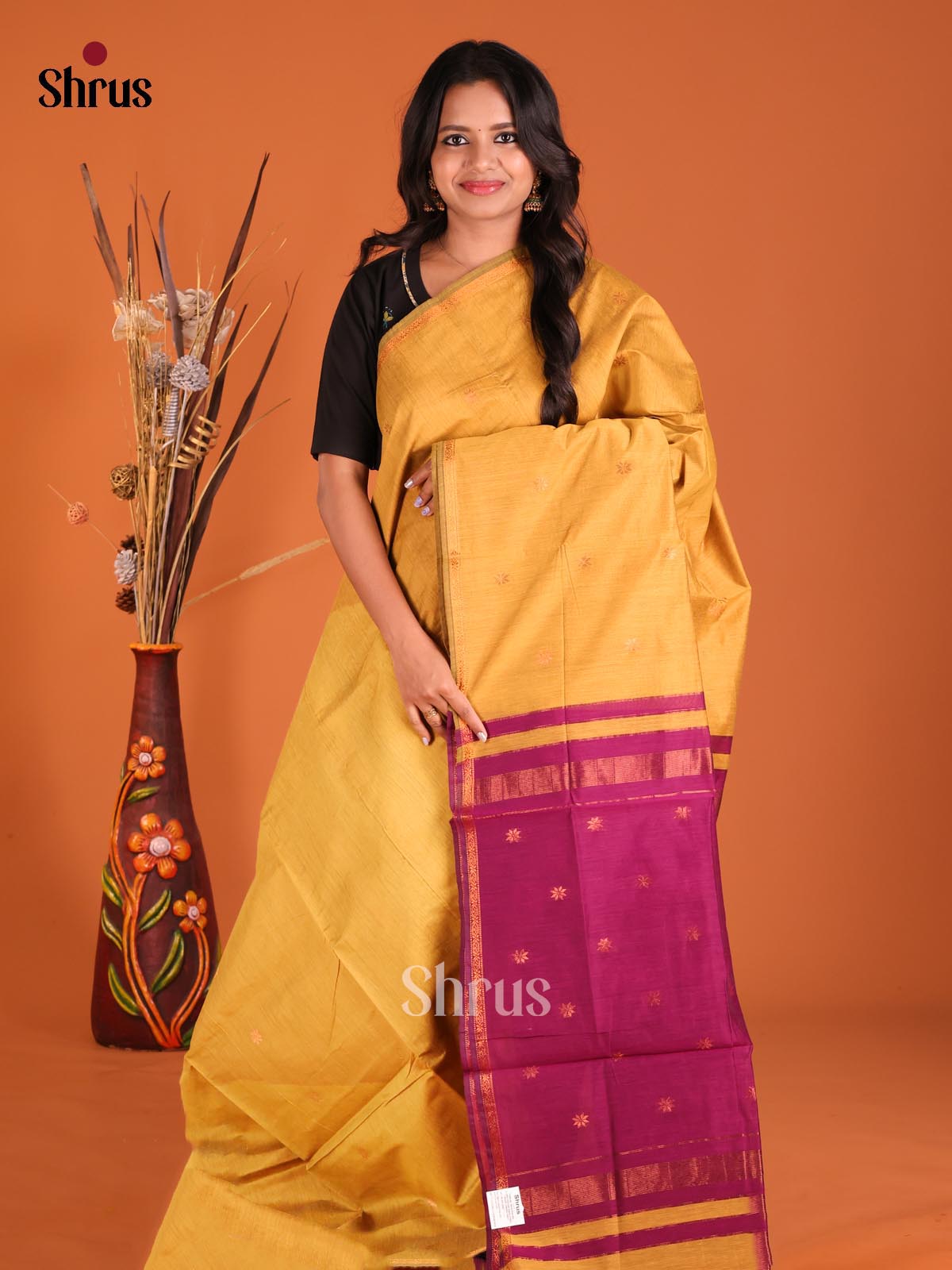 Yellow & Purple- Semi Maheshwari Saree - Shop on Shrus.com