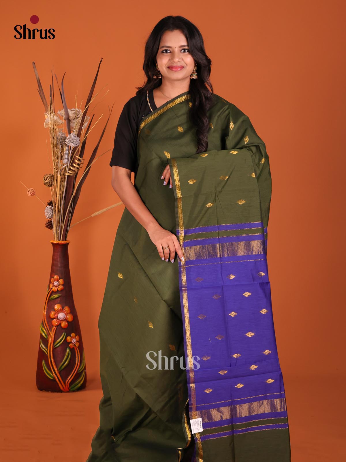 Green & Blue- Semi Maheshwari Saree - Shop on Shrus.com