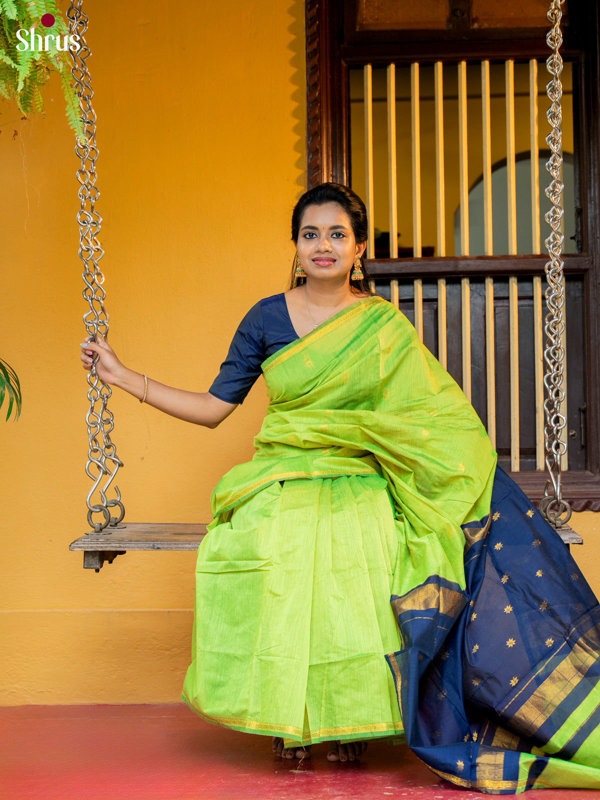 Light Green & Blue - Semi Maheshwari Saree - Shop on Shrus.com