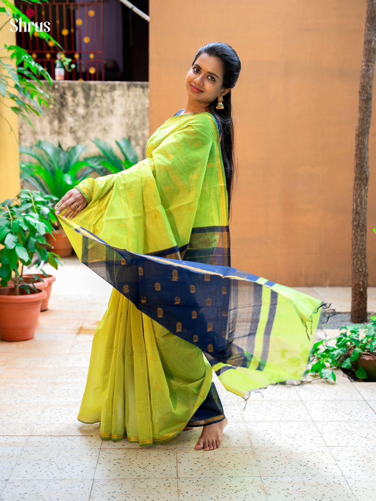 Light Green & Blue - Semi Maheshwari Saree - Shop on Shrus.com