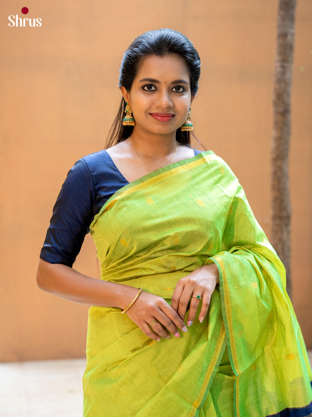 Light Green & Blue - Semi Maheshwari Saree - Shop on Shrus.com