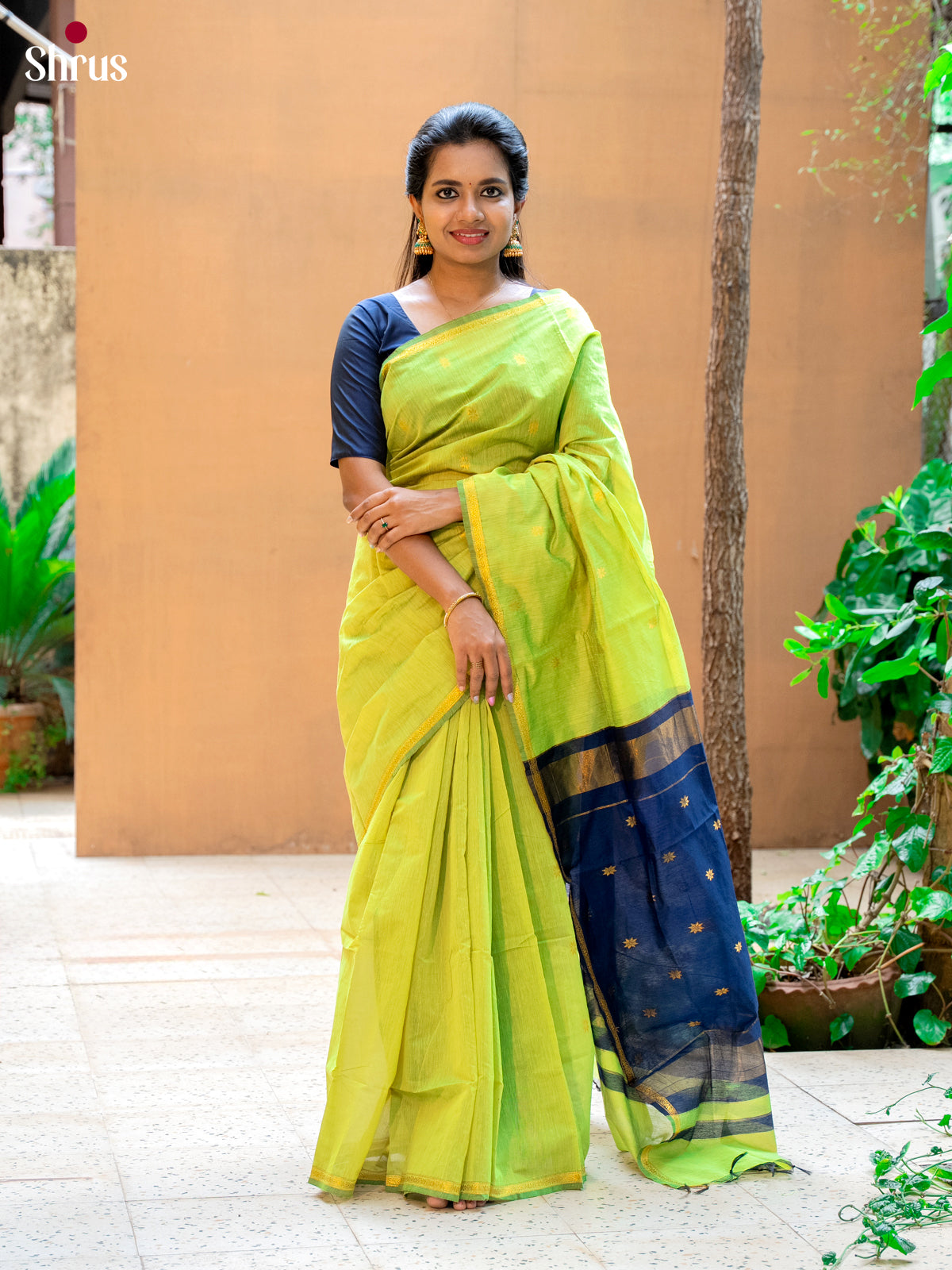 Light Green & Blue - Semi Maheshwari Saree - Shop on Shrus.com