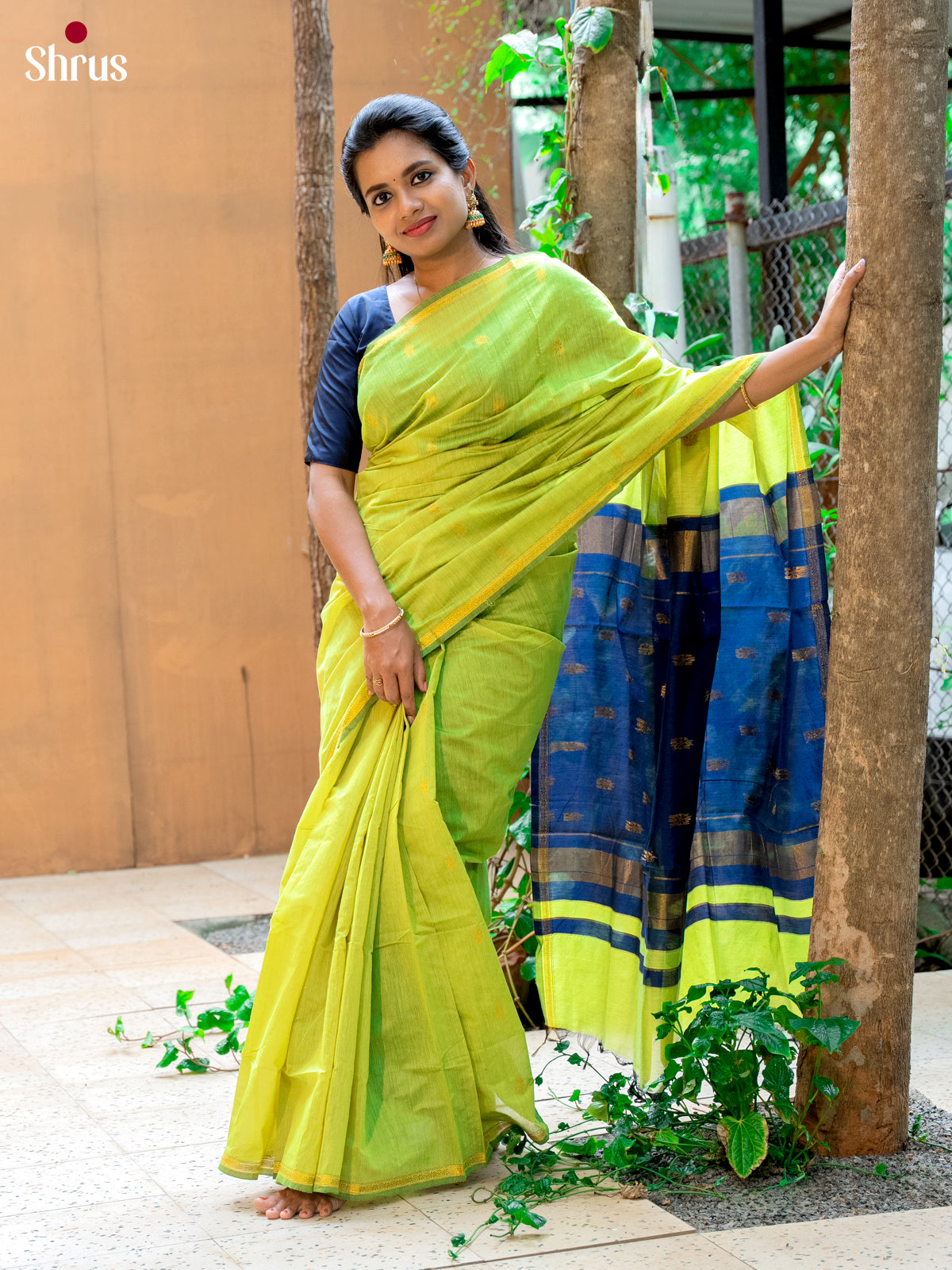 Light Green & Blue - Semi Maheshwari Saree - Shop on Shrus.com