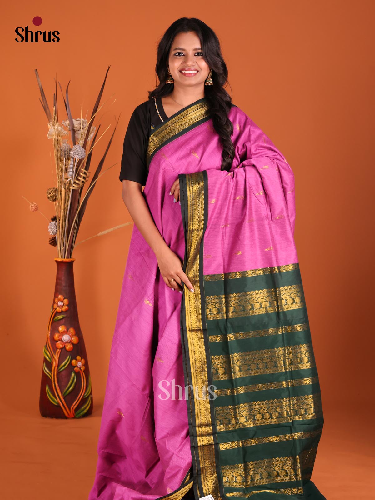 Pink & Green- Kalyani Cotton Saree - Shop on Shrus.com