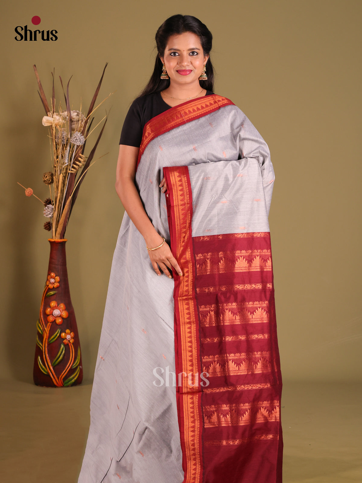 Grey & Maroon - Kalyani Cotton Saree - Shop on Shrus.com
