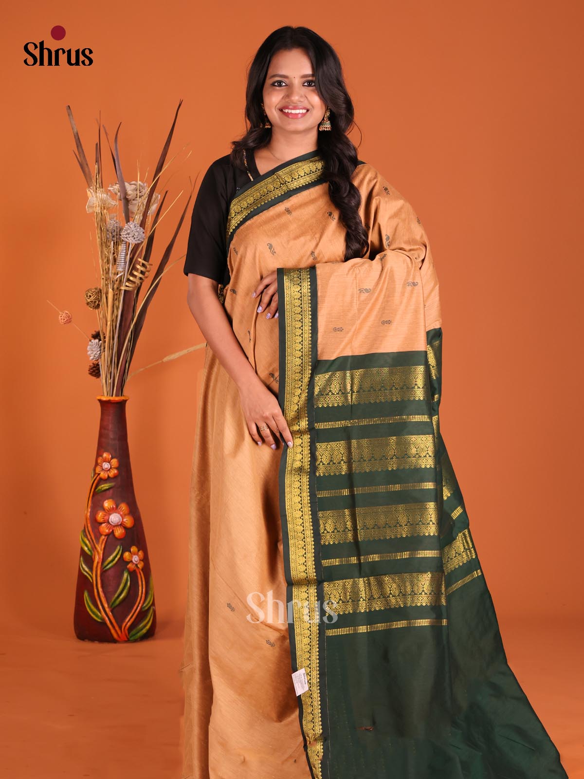 Peach & Green - Kalyani Cotton Saree - Shop on Shrus.com