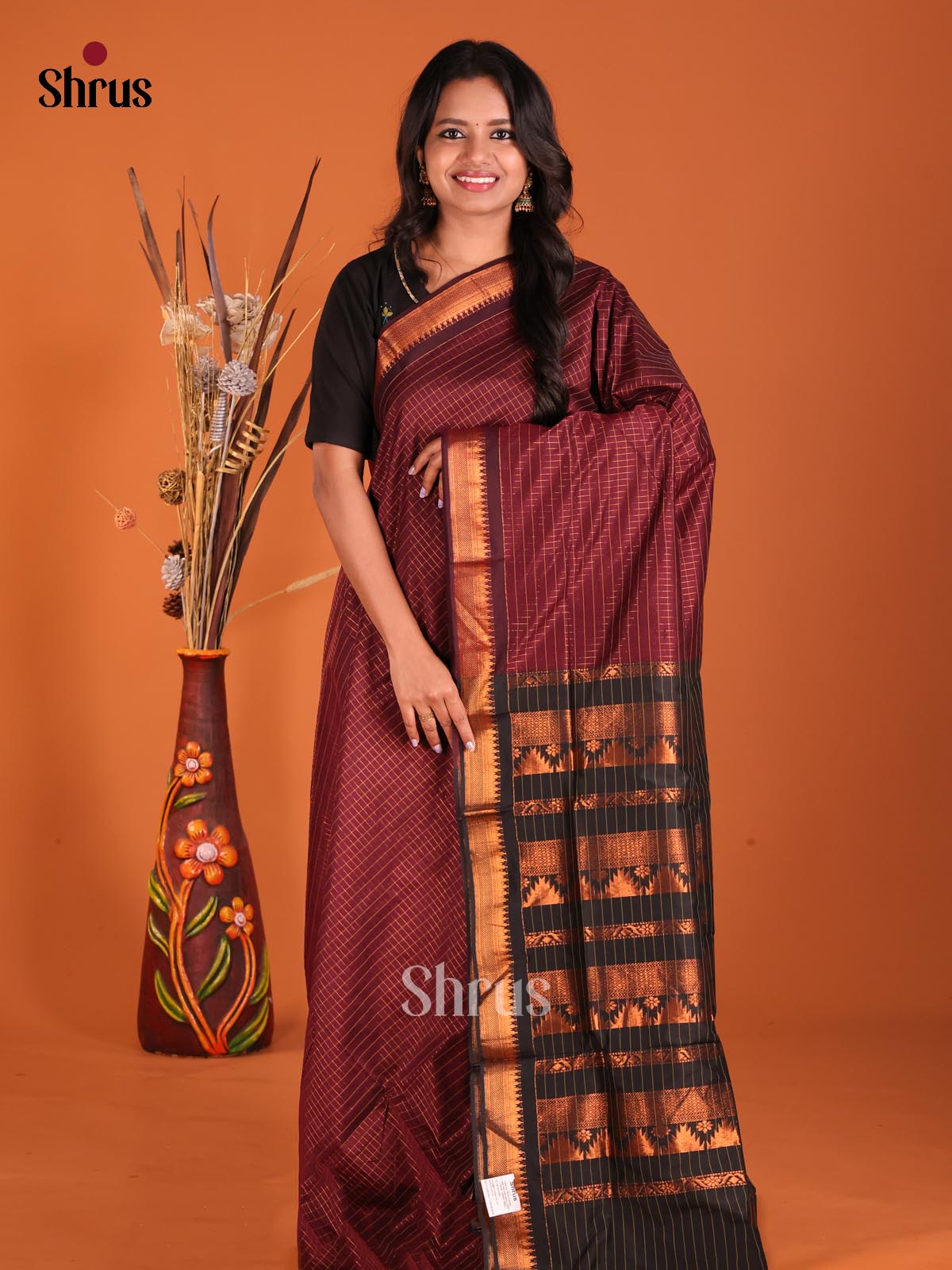 Maroon & Black- Kalyani Cotton Saree - Shop on Shrus.com