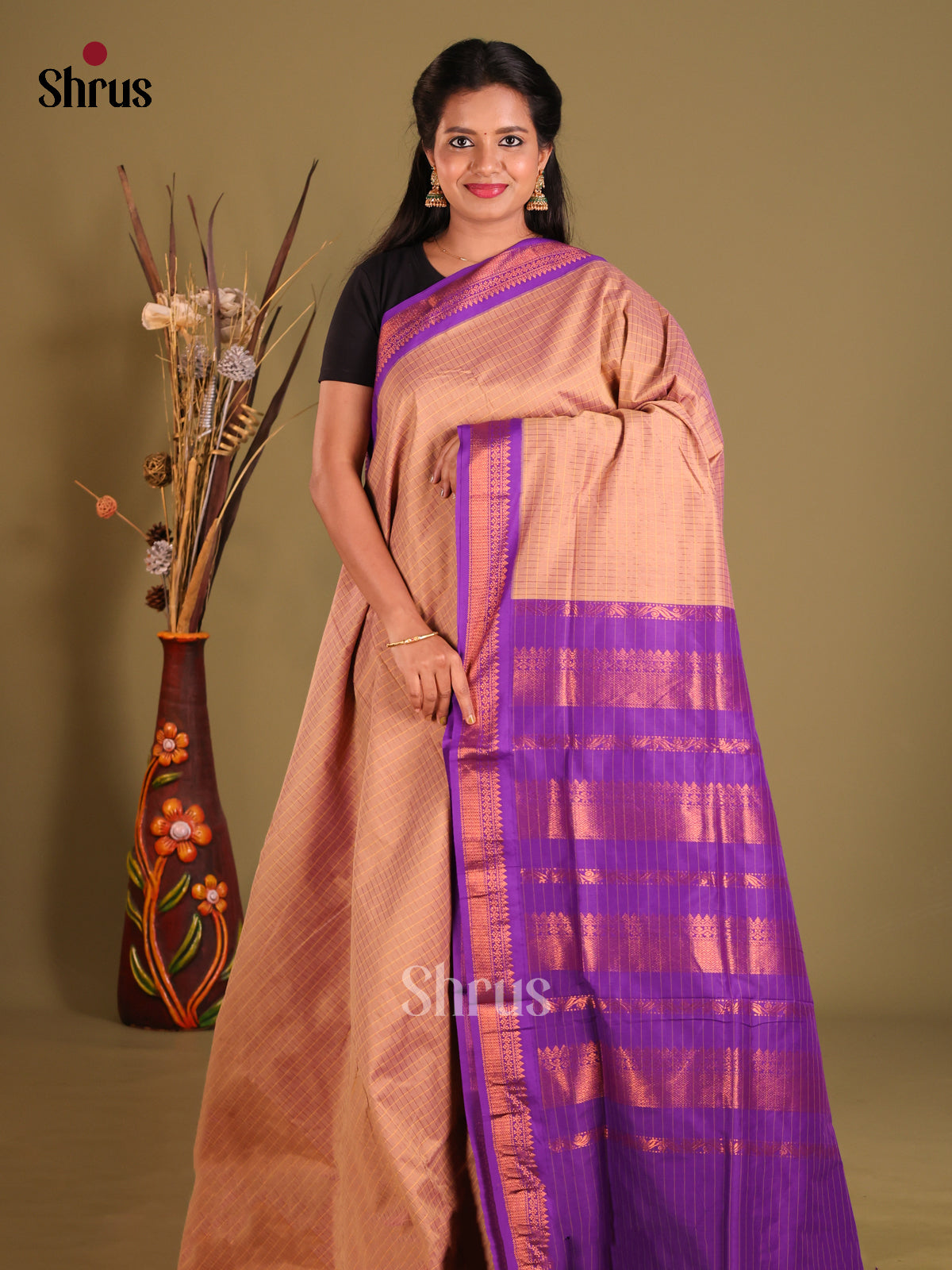 Dusty Brown & Purple - Kalyani Cotton Saree - Shop on Shrus.com